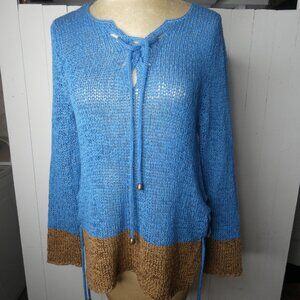Curio New York Women L Open Knit Sweater Tassel Side Tie Blue Brown Boho Lace Up